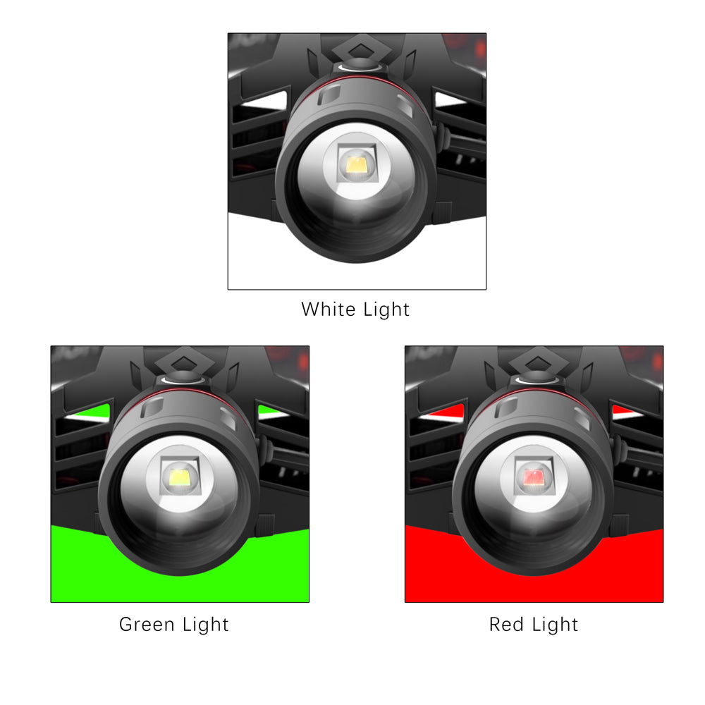 Headlight with T6 white, light green, and red light zoom features.